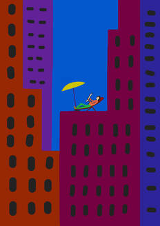 Child's drawing of relaxed person on deckchair amidst colorful skyscrapers in the city - WWF05220