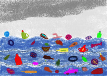 Child's drawing of waste in the sea - WWF05226