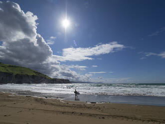 Scenic view of sea against sky during sunny day, Basque Coast Geopark, Spain - LAF02364