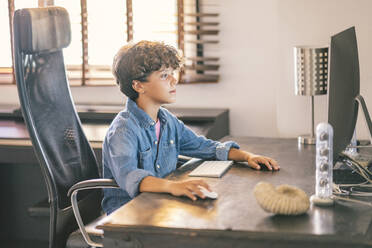 Boy sitting at desk at home using personal computer - DLTSF00063