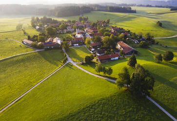 Aerial view of landscape at Peretshofen near Dietramszell in morning, Tölzer Land, Upper Bavaria, Bavaria, Germany - SIEF08978