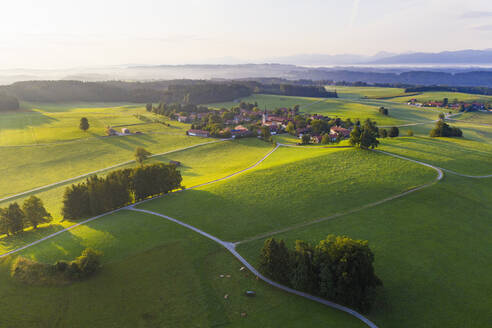 Peretshofen near Dietramszell in the morning light, Tölzer Land, aerial view, Upper Bavaria, Bavaria, Germany - SIEF08979