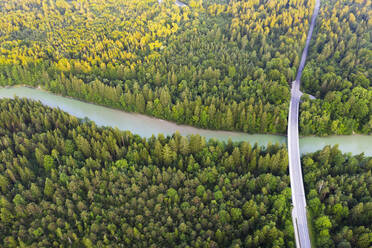 Aerial view of Tattenkofen bridge over Isar River near Geretsried, Nature Reserve Isarauen, Upper Bavaria, Bavaria, Germany - SIEF08981