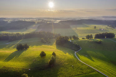 Luftaufnahme der Landschaft bei Sonnenaufgang in Peretshofen bei Dietramszell, Tölzer Land, Oberbayern, Bayern, Deutschland - SIEF08983