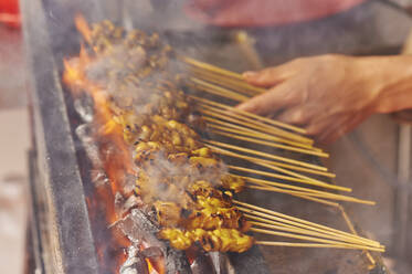 Detail, Hähnchen-Satay auf dem Straßenmarkt zubereitet, Chinatown, Malakka, Malaysia, Südostasien, Asien - RHPLF08585
