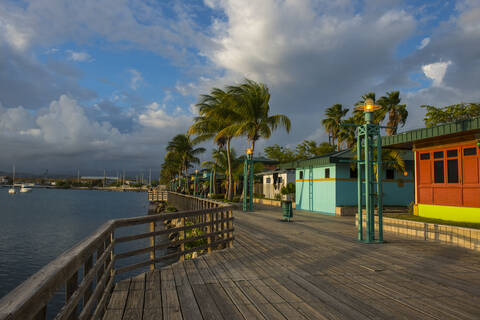 Houses on pier at Ponce harbor, Puerto Rico, Caribbean stock photo