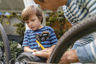 Vater und Sohn reparieren ein Fahrrad im Garten - DIGF08149