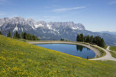 Scenic view of Hartkaiser lake against Kaiser Mountains, Tyrol, Austria - WIF04029