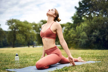 Frau übt Yoga im Park - BSZF01459