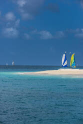 Am weißen Sandstrand vertäute Katamarane vor blauem Himmel auf der Insel Palm, Grenadinen, St. Vincent und die Grenadinen, Karibik - RUNF03087