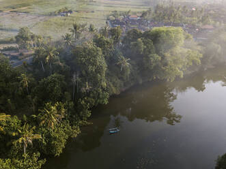 Luftaufnahme eines Bootes auf einem Fluss zwischen Bäumen in Bali, Indonesien - KNTF03348