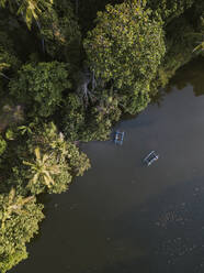 Luftaufnahme von Booten auf einem Fluss mit Bäumen auf Bali, Indonesien - KNTF03349