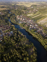 Luftaufnahme eines Flusses inmitten von Bäumen in einer Stadt auf Bali, Indonesien - KNTF03353