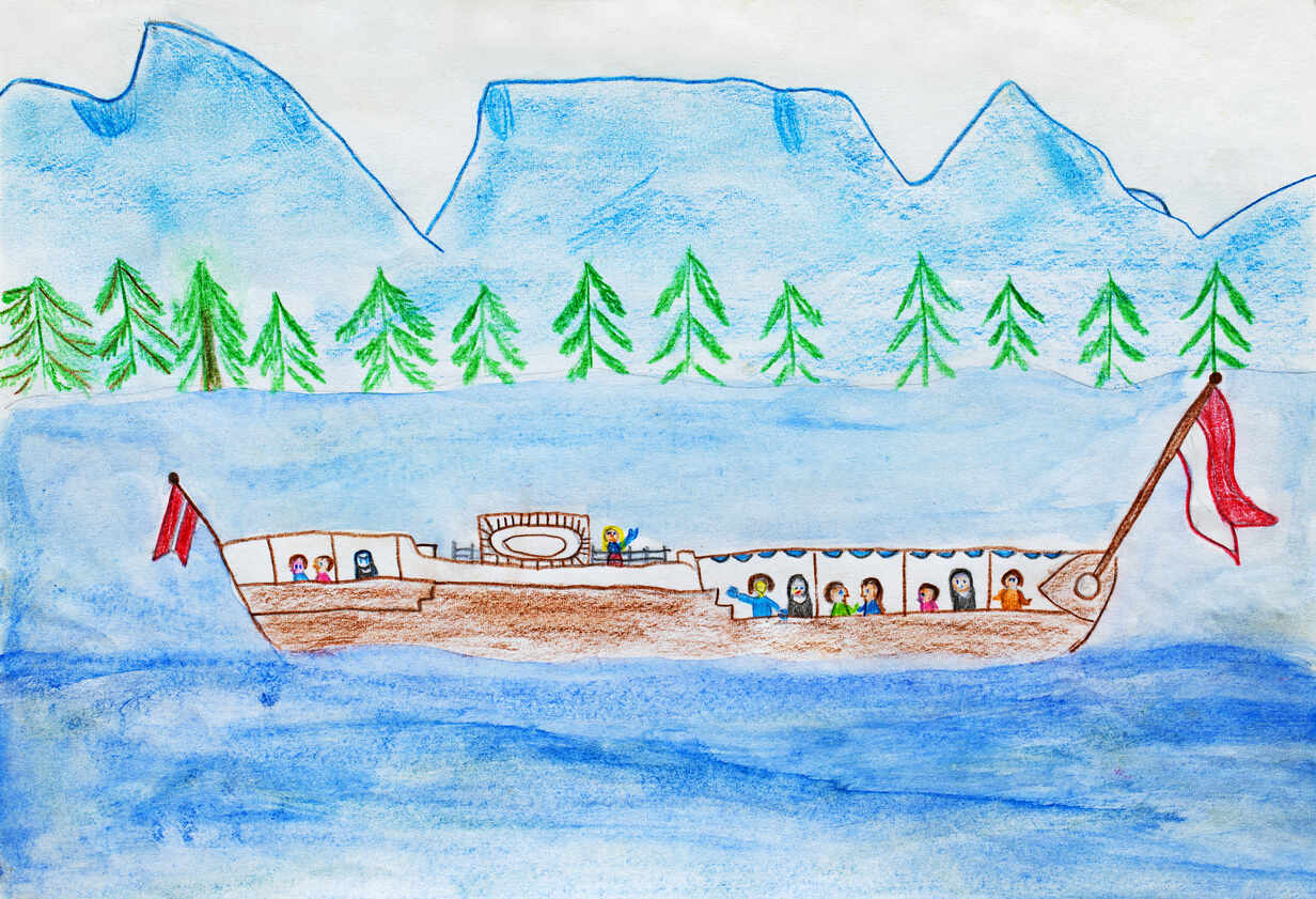 Child's drawing of tourboat on lake stock photo