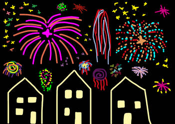 Kinderzeichnung eines bunten Feuerwerks über Häusern - WWF05248