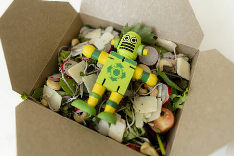 Lunchpaket mit gemischtem Salat und Miniaturroboter, lizenzfreies Stockfoto