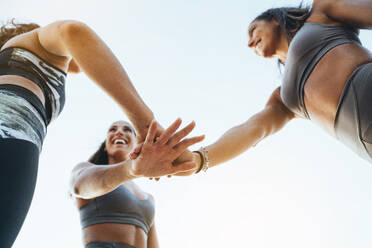 Drei glückliche sportliche Frauen, die sich nach dem Sport die Hände reichen - JCMF00204