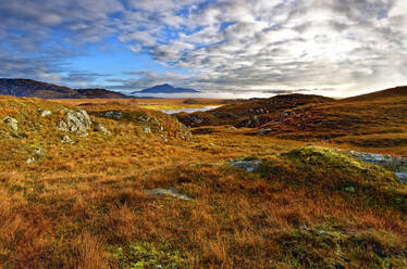 Herbstlicher Blick auf die farbenfrohen, grasbewachsenen Hügel und Moore der Kentra Bay, während sich unter den Bergen am Horizont Nebel bildet, Highlands, Schottland, Vereinigtes Königreich, Europa - RHPLF08910