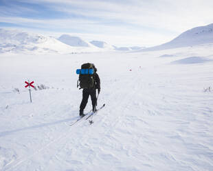 Woman skiing by markers on Kungsleden trail in Lapland, Sweden - FOLF11065