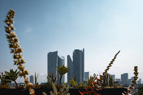 Niedriger Blickwinkel von modernen Wolkenkratzern gegen den Himmel in Mexiko-Stadt an einem sonnigen Tag, Mexiko, lizenzfreies Stockfoto
