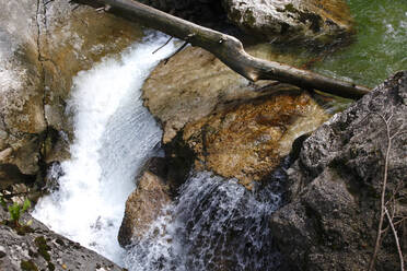 Blick von oben auf einen fließenden Fluss im Wald, Füssen, Deutschland - JTF01311