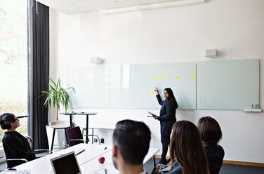 Geschäftsfrau gestikuliert über Whiteboard, während sie mit Kollegen während einer Sitzung im Büro diskutiert - MASF13529