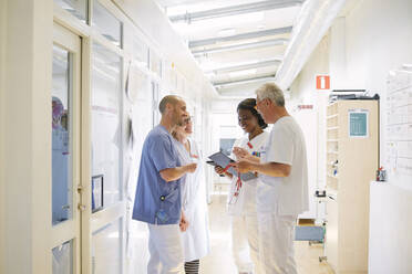 Smiling healthcare workers discussing while standing in corridor at hospital - MASF13978