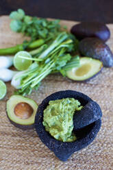 Close up homemade, fresh guacamole in mortar - FSIF04356