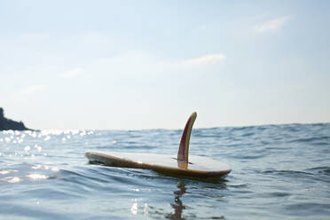 Surfbrett schwimmt auf sonnigem blauen Ozean - FSIF04382