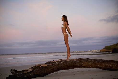 Unbeschwerte Frau im Bikini steht auf Treibholz am Strand in der Abenddämmerung - FSIF04417