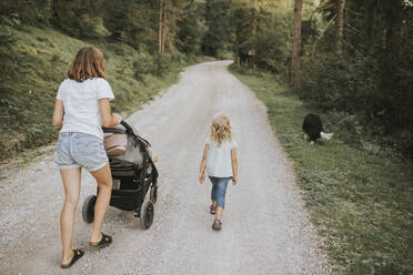 Mutter mit Tochter, Kinderwagen und Hund auf einem Waldweg - DWF00508