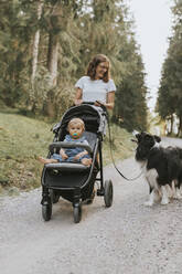 Mother with baby in stroller and dog walking on forest path - DWF00513