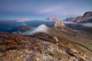 View of Sass Beca and Sassolungo at dawn from Cima Belvedere, Canazei, Val di Fassa, Trentino-Alto Adige, Italy, Europe - RHPLF08998