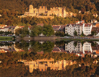 Blick über den Neckar auf das Schloss bei Sonnenuntergang, Heidelberg, Baden-Württemberg, Deutschland, Europa - RHPLF09107