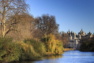 St. James's Park, with view across lake to Horse Guards, sunny late autumn, Whitehall, London, England, United Kingdom, Europe - RHPLF09135