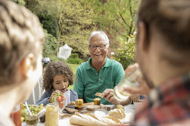 Extended family having lunch in garden - MJFKF00054