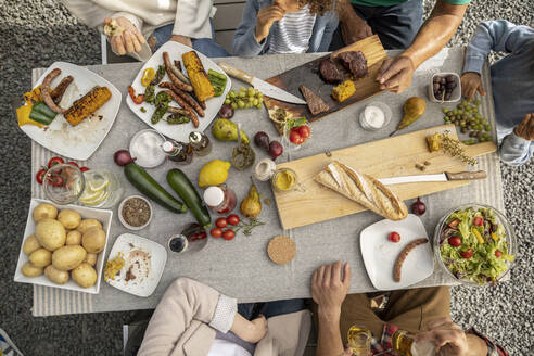 Draufsicht auf eine Familie beim Mittagessen im Garten - MJFKF00056