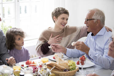 Glückliche Großfamilie beim Mittagessen zu Hause - MJFKF00074