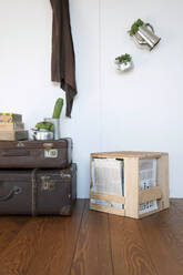 Stool made from old wine and apple crates, decoration of old suitcases and cigar boxex - GISF00461