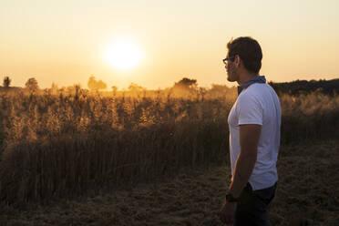 Biobauer mit Blick auf ein Weizenfeld bei Sonnenuntergang - SEBF00218