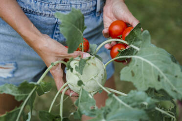 Blonde Frau bei der Ernte von Tomaten und Kohlrabi - HMEF00533