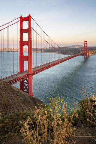 View of Golden Gate Bridge from Golden Gate Bridge Vista Point at sunset, San Francisco, California, United States of America, North America stock photo