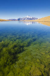 Klares Wasser der Seen von Campagneda mit Monte Disgrazia im Hintergrund, Valmalenco, Valtellina, Provinz Sondrio, Lombardei, Italien, Europa - RHPLF09549