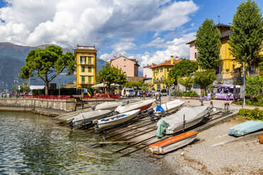 View of boats in harbour in Vezio, Province of Como, Lake Como, Lombardy, Italian Lakes, Italy, Europe - RHPLF09661