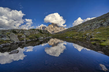 Rolle Pass, Cimon de la Pala spiegelt sich in einem kleinen See, Dolomiten, Veneto, Italien, Europa - RHPLF09709