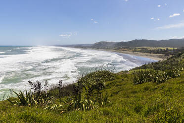 Scenic view of Muriwai Beach against blue sky during sunny day, Auckland, New Zealand - FOF10910