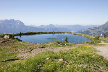 Scenic view of lake Ehrenbachhöhe against clear sky, Kitzbühel, Tyrol, Austria - WIF04051