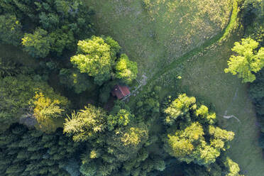 Aerial view of mountain hut on Sonntraten at Gaissach, Isarwinkel, Upper Bavaria, Bavaria, Germany - SIEF09018