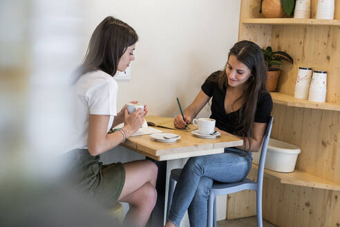 Zwei junge Frauen machen sich Notizen in einem Cafe - GIOF07072