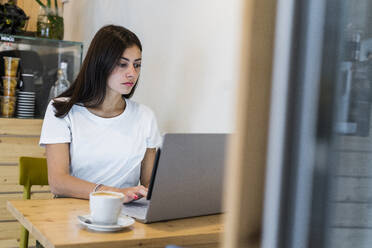 Young woman using laptop in a cafe - GIOF07074